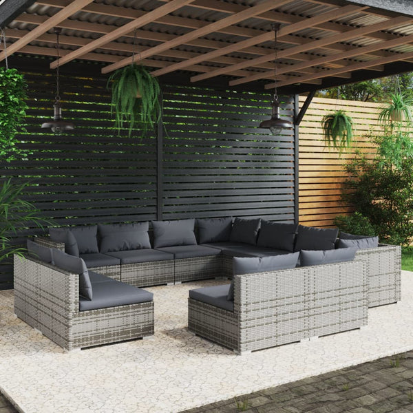 vidaXL 11-pc. Garden Lounge Set with Cushions Grey Poly Rattan