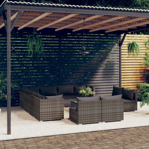 vidaXL 12-Piece Garden Lounge Set with Cushions Grey Poly Rattan