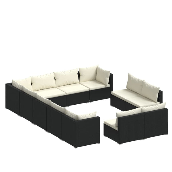 vidaXL 12-Piece Garden Lounge Set with Cushions Black Poly Rattan