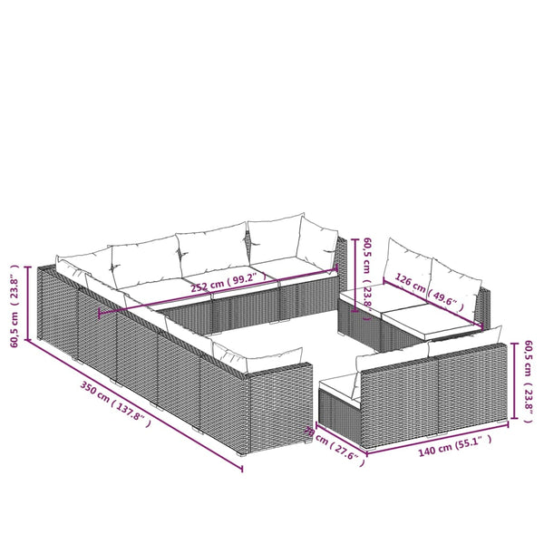vidaXL 12-Piece Garden Lounge Set with Cushions Black Poly Rattan