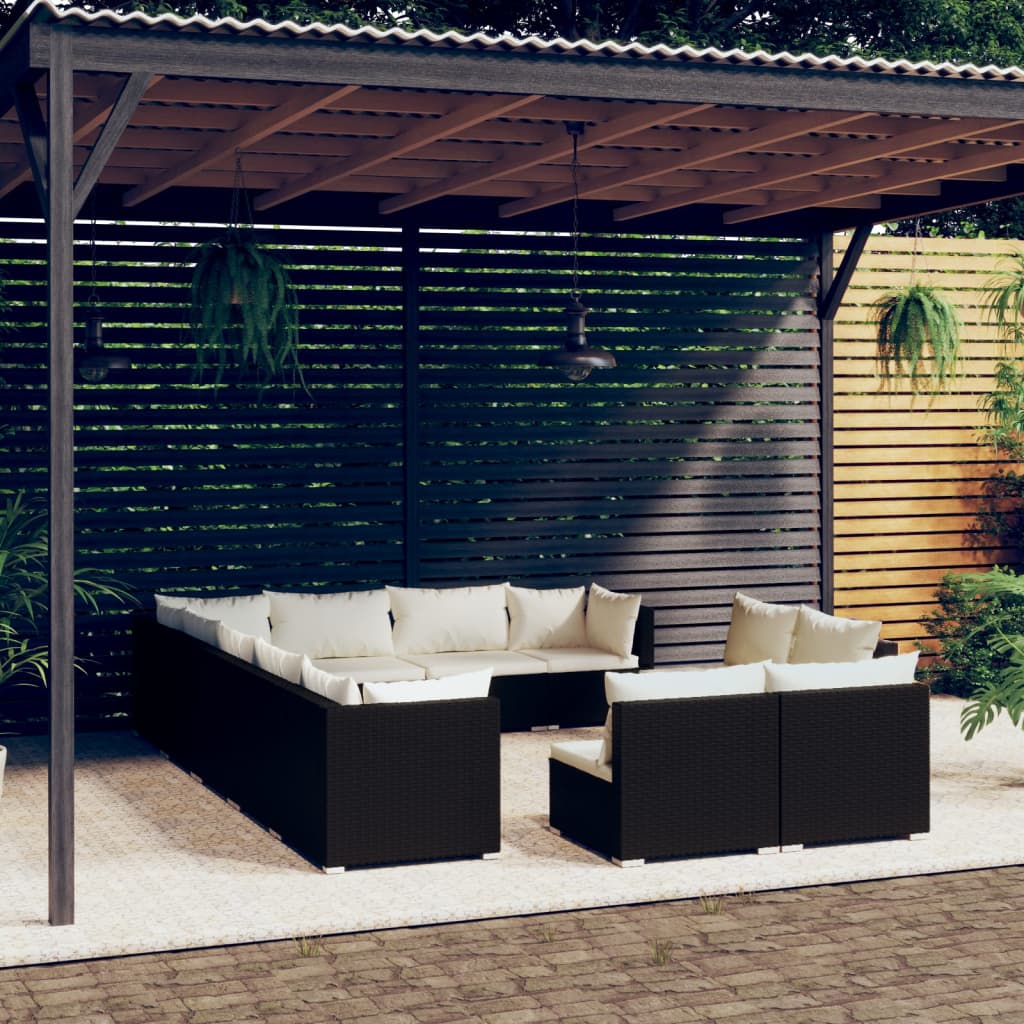 vidaXL 12-Piece Garden Lounge Set with Cushions Black Poly Rattan