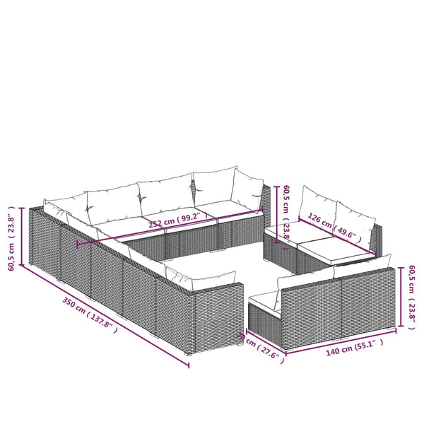 vidaXL 12-Piece Garden Lounge Set with Cushions Grey Poly Rattan