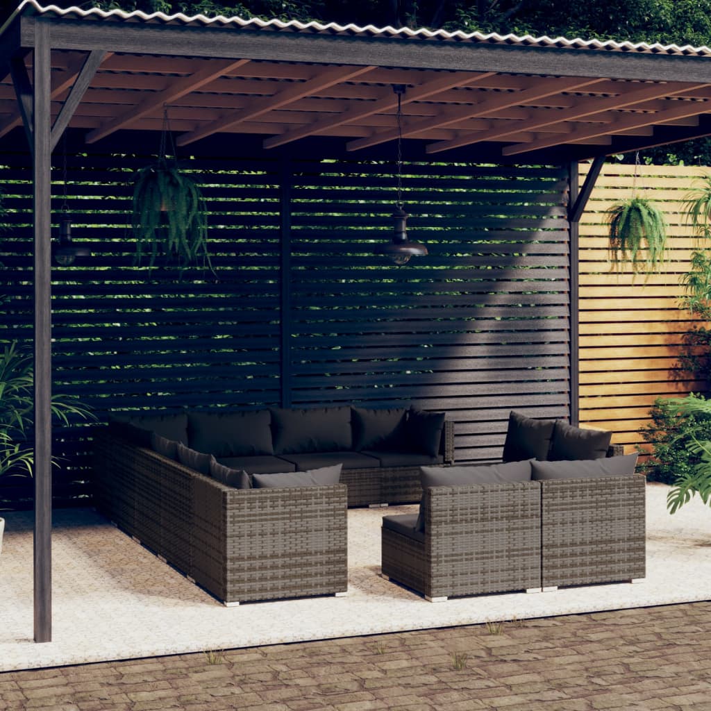 vidaXL 12-Piece Garden Lounge Set with Cushions Grey Poly Rattan