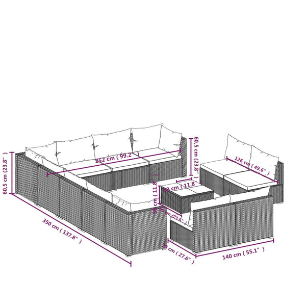 vidaXL 13-Piece Garden Lounge Set with Cushions Grey Poly Rattan