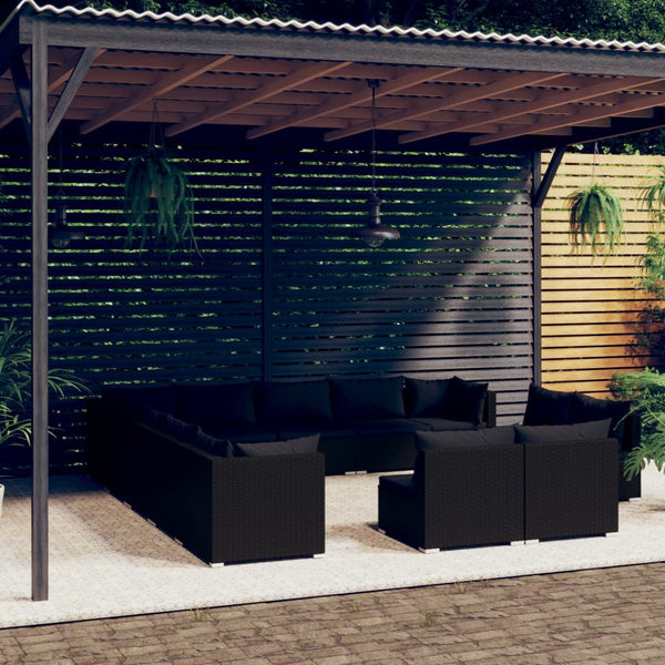vidaXL 13-piece Garden Lounge Set with Cushions Black Poly Rattan