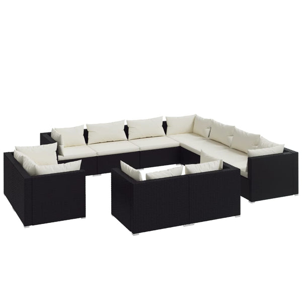 vidaXL 11-Piece Garden Lounge Set with Cushions Black Poly Rattan