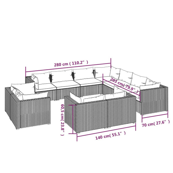 vidaXL 11-Piece Garden Lounge Set with Cushions Black Poly Rattan