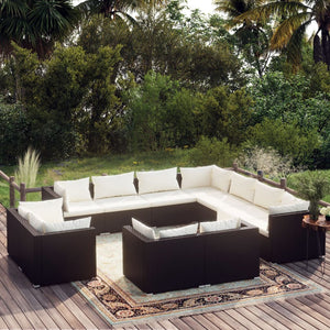 vidaXL 11-Piece Garden Lounge Set with Cushions Black Poly Rattan