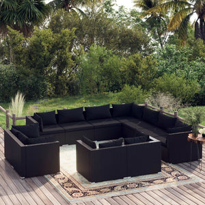 vidaXL 11-Piece Garden Lounge Set with Cushions Black Poly Rattan