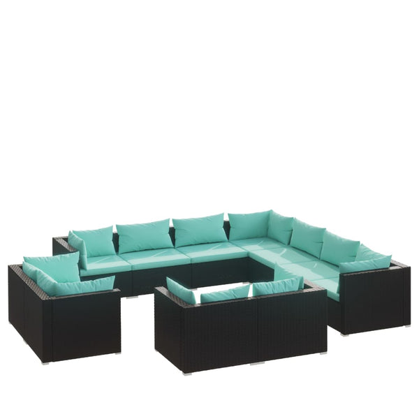 vidaXL 11-Piece Garden Lounge Set with Cushions Black Poly Rattan