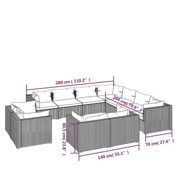 vidaXL 11-Piece Garden Lounge Set with Cushions Black Poly Rattan