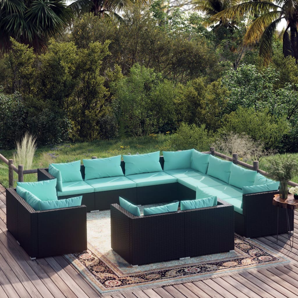 vidaXL 11-Piece Garden Lounge Set with Cushions Black Poly Rattan