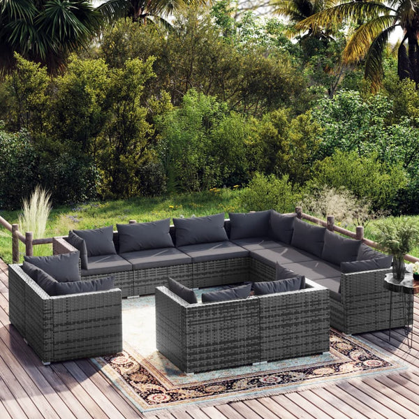 vidaXL 11-pc. Garden Lounge Set with Cushions Grey Poly Rattan