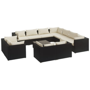 vidaXL 12-Piece Garden Lounge Set with Cushions Black Poly Rattan