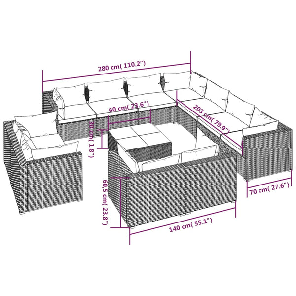 vidaXL 12-Piece Garden Lounge Set with Cushions Black Poly Rattan
