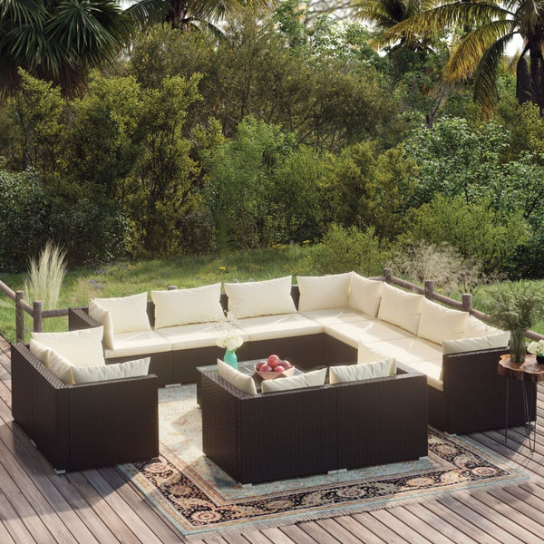 vidaXL 12-Piece Garden Lounge Set with Cushions Black Poly Rattan
