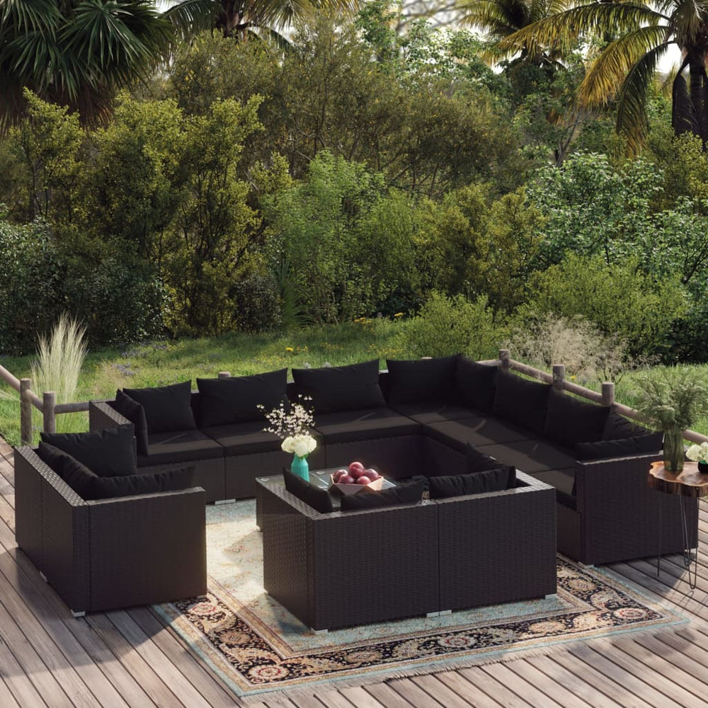 vidaXL 12-Piece Garden Lounge Set with Cushions Black Poly Rattan