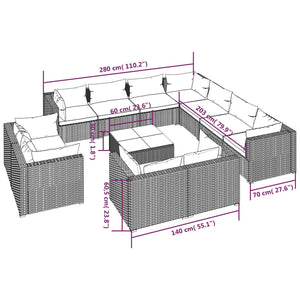 vidaXL 12-Piece Garden Lounge Set with Cushions Grey Poly Rattan