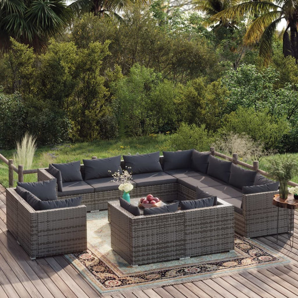vidaXL 12-Piece Garden Lounge Set with Cushions Grey Poly Rattan
