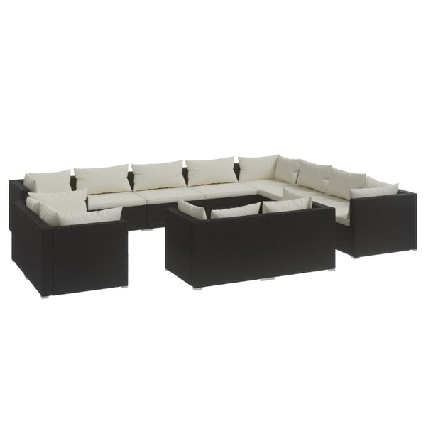 vidaXL 12-Piece Garden Lounge Set with Cushions Black Poly Rattan