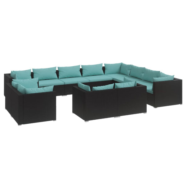 vidaXL 12-Piece Garden Lounge Set with Cushions Black Poly Rattan