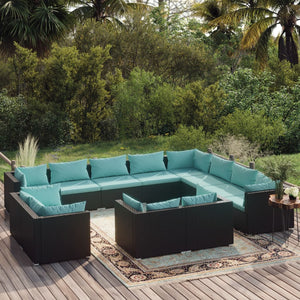 vidaXL 12-Piece Garden Lounge Set with Cushions Black Poly Rattan