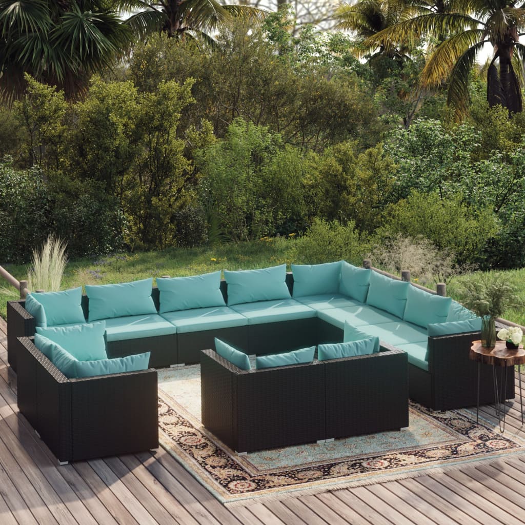 vidaXL 12-Piece Garden Lounge Set with Cushions Black Poly Rattan