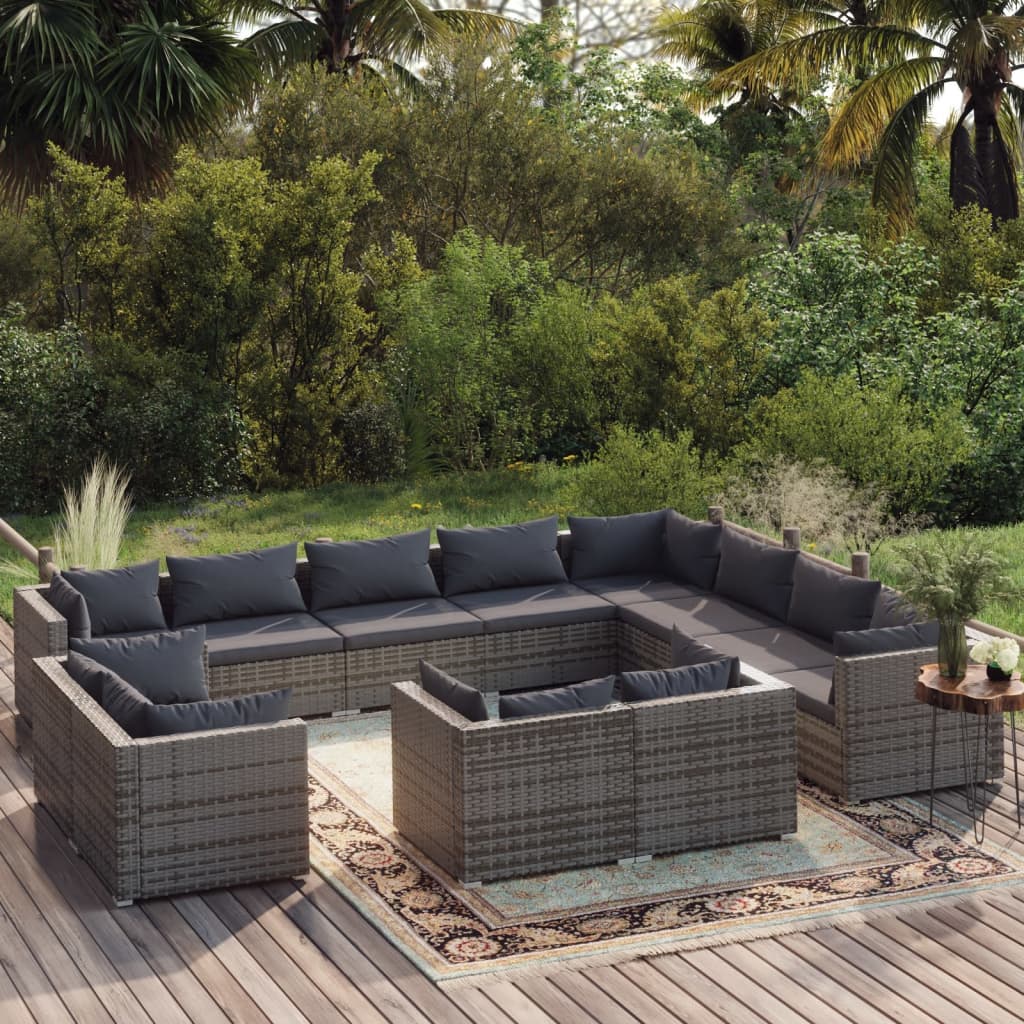 vidaXL 12-Piece Garden Lounge Set with Cushions Grey Poly Rattan
