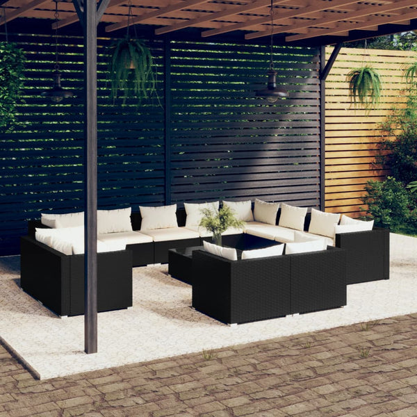 vidaXL 13-piece Garden Lounge Set with Cushions Black Poly Rattan
