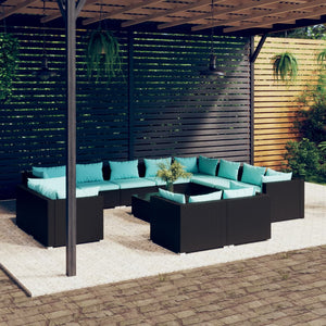 vidaXL 13-piece Garden Lounge Set with Cushions Black Poly Rattan