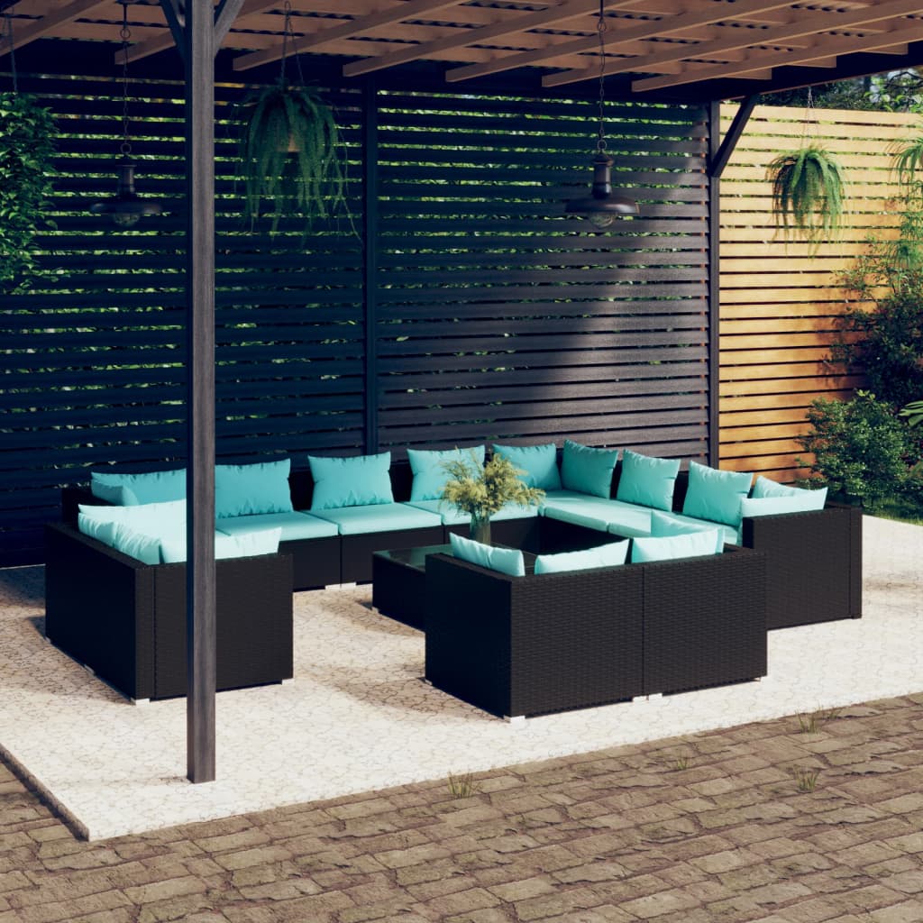 vidaXL 13-piece Garden Lounge Set with Cushions Black Poly Rattan