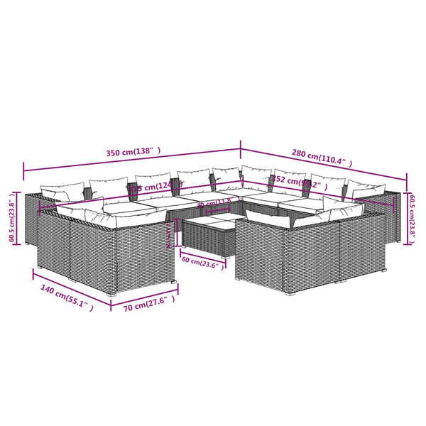 vidaXL 13-Piece Garden Lounge Set with Cushions Grey Poly Rattan