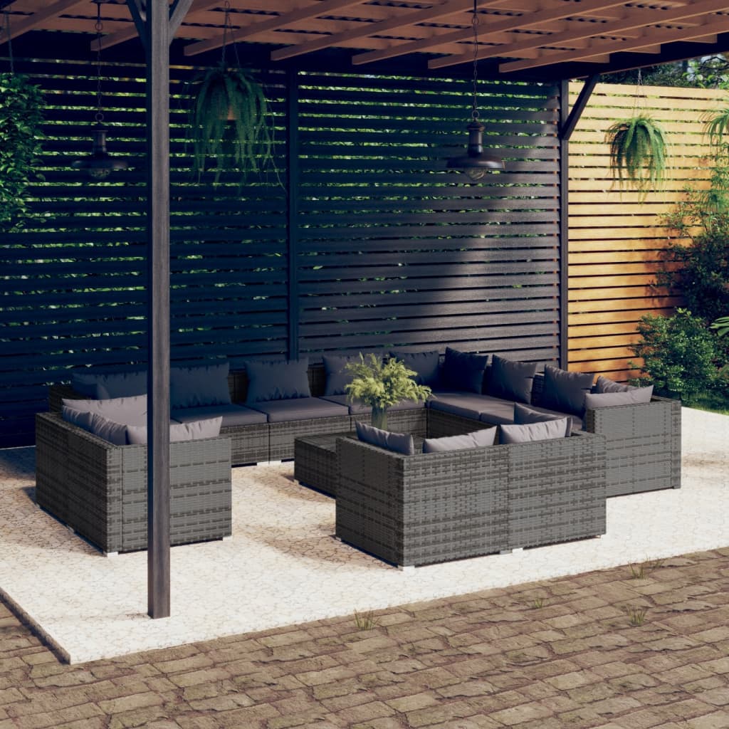 vidaXL 13-Piece Garden Lounge Set with Cushions Grey Poly Rattan