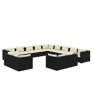 vidaXL 13-piece Garden Lounge Set with Cushions Black Poly Rattan