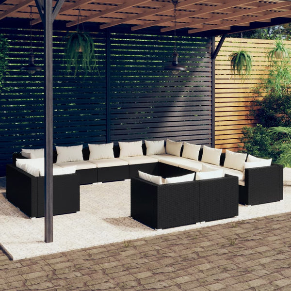 vidaXL 13-piece Garden Lounge Set with Cushions Black Poly Rattan