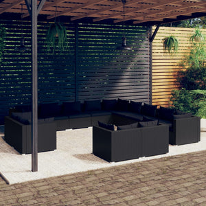 vidaXL 13-piece Garden Lounge Set with Cushions Black Poly Rattan