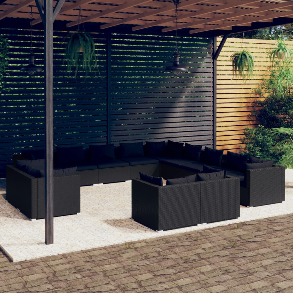 vidaXL 13-piece Garden Lounge Set with Cushions Black Poly Rattan
