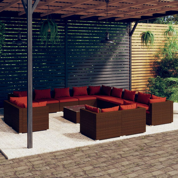 vidaXL 14-Piece Garden Lounge Set with Cushions Brown Poly Rattan
