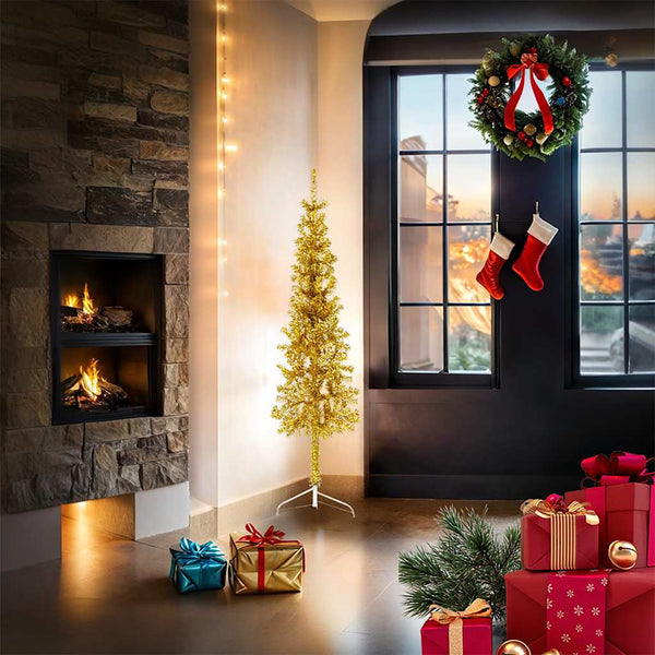 vidaXL Artificial Half Christmas Tree with Stand Slim Gold 150 cm