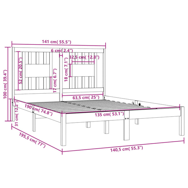 vidaXL Solid Wood Bed 135x190 cm