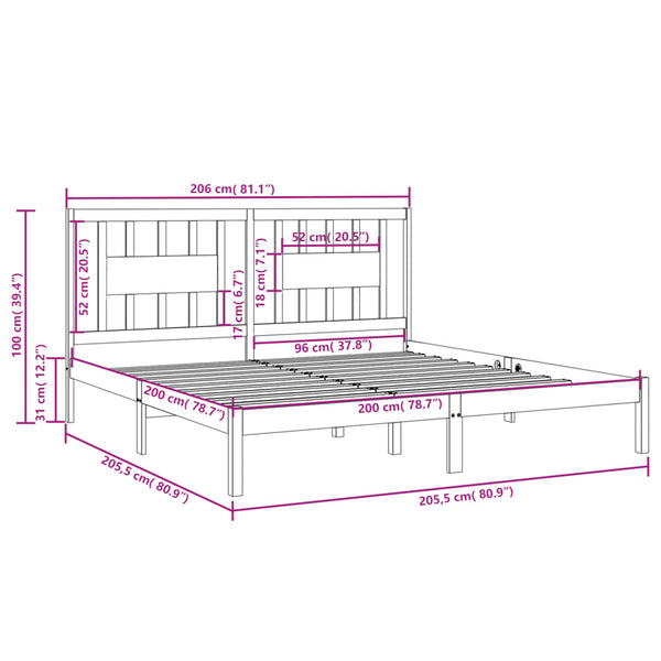 vidaXL Solid Wood Bed Black Pine 200x200 cm