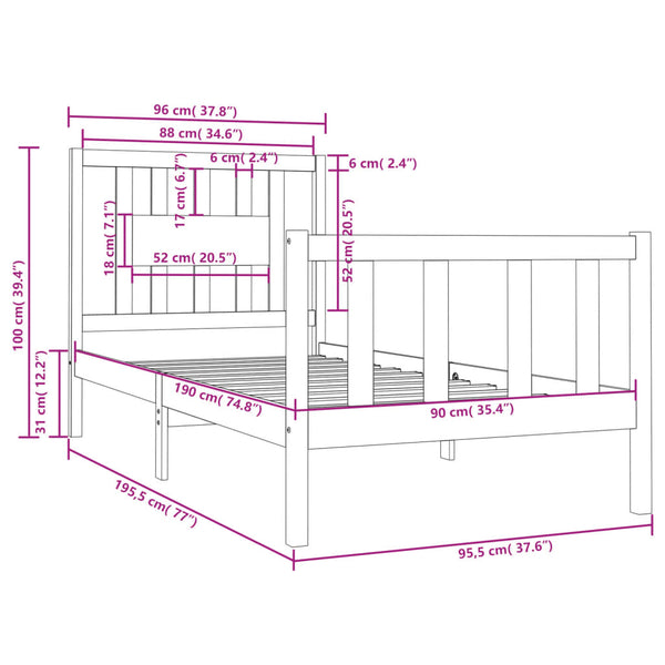 vidaXL Solid Wood Bed Black 90x190 cm