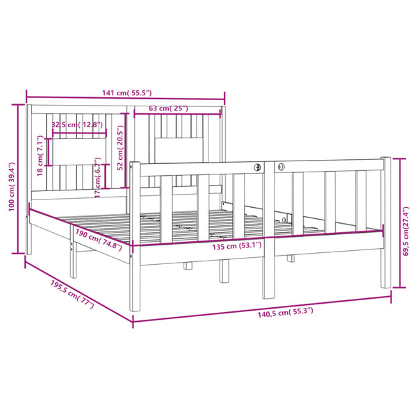 vidaXL Solid Wood Bed Black 135x190 cm
