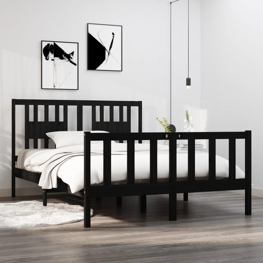 vidaXL Solid Wood Bed Black 135x190 cm