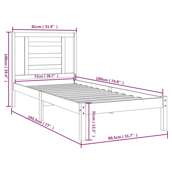 vidaXL Solid Wood Bed White 75x190 cm