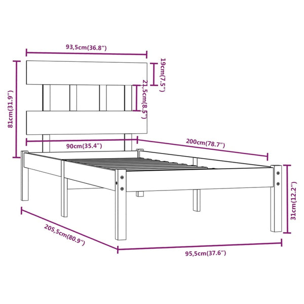 vidaXL Solid Wood Bed 90x200 cm