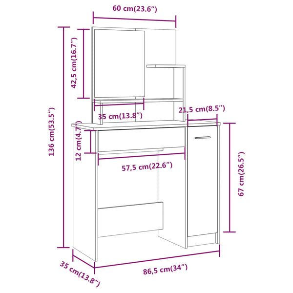 vidaXL Dressing Table with Mirror Sonoma Oak 86.5x35x136 cm