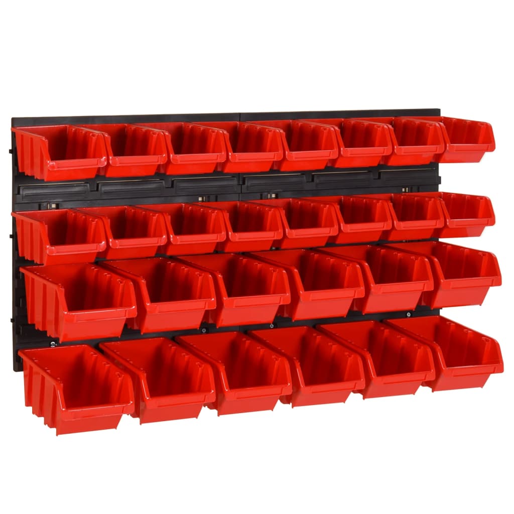 vidaXL 30-piece Stackable Storage Bins Wall Rack Red & Black 77x39cm Polypropylene