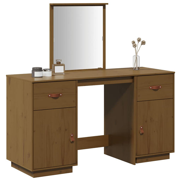 vidaXL Dressing Table Set with Mirror Honey Brown Solid Pine Wood