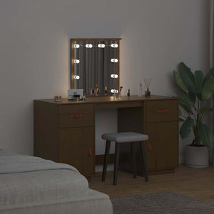 vidaXL Vanity Table Set with LED Honey Brown Solid Pine Wood